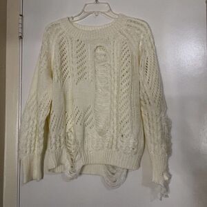 By The Way Revolve Cream Crochet knit distressed crew neck acrylic sweater Med
